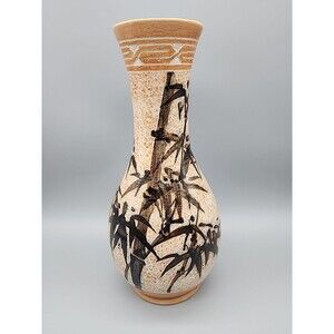 Vtg Oriental Bamboo 11" Tall Stoneware Vase Dharma Bamboo Shadow Shake Words